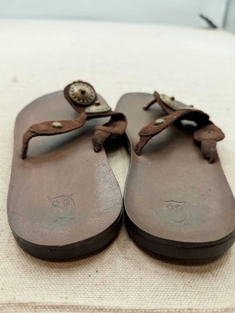 Mossimo Brown Leather Thong Sandals with Button Accent